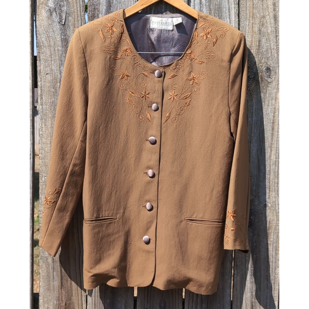 Passports Pier 1 Imports Vintage Brown Embroidered Floral Blazer Jacket Small